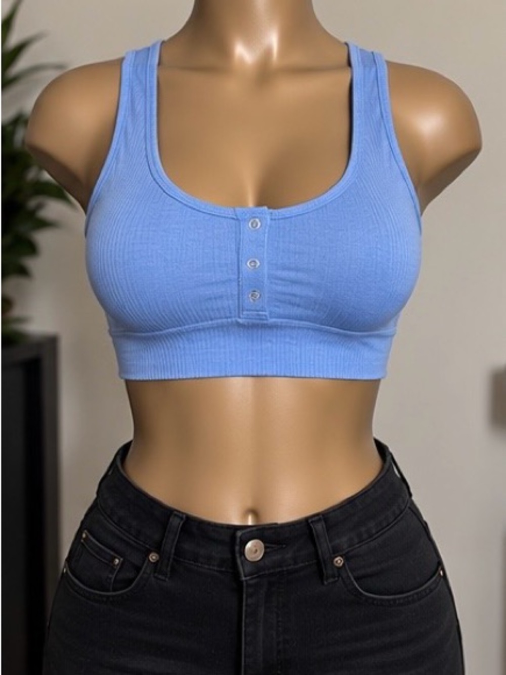 Ribbed Scoop Neck Button-Front Crop Tank Top - Light Blue